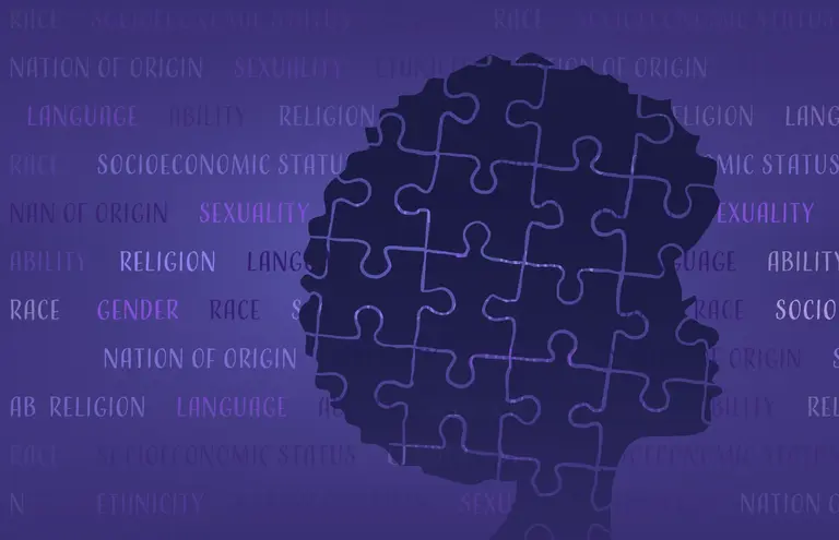 Campaign artwork for UW–Madison’s Black History Month: a puzzle-piece profile silhouette over rows of identity words on purple.