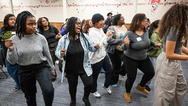 Event photo for UW–Madison’s Black History Month: students dancing together at a Black History Month event.