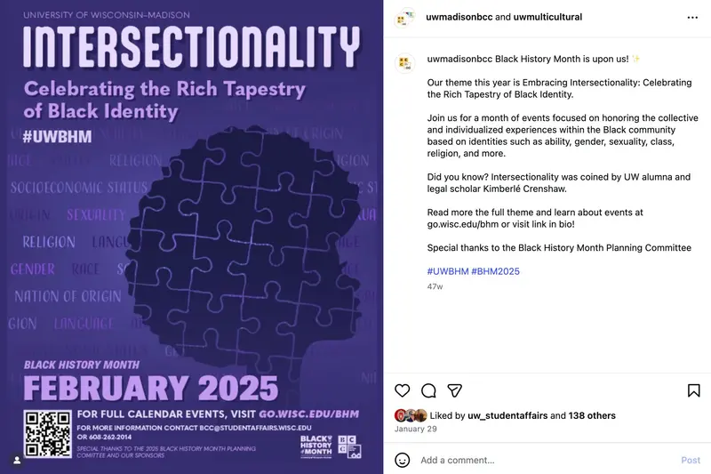 Instagram post for UW–Madison’s Black History Month: the Intersectionality poster with the campaign announcement.