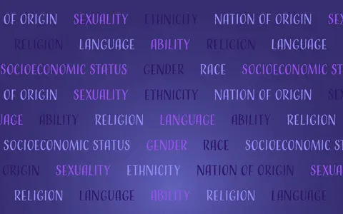 Campaign texture for UW–Madison’s Black History Month: identity words such as religion and gender in rows on purple.