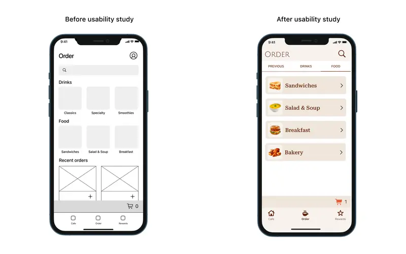 Mockups for Fair Trade Coffee House: the order screen before and after the usability study.