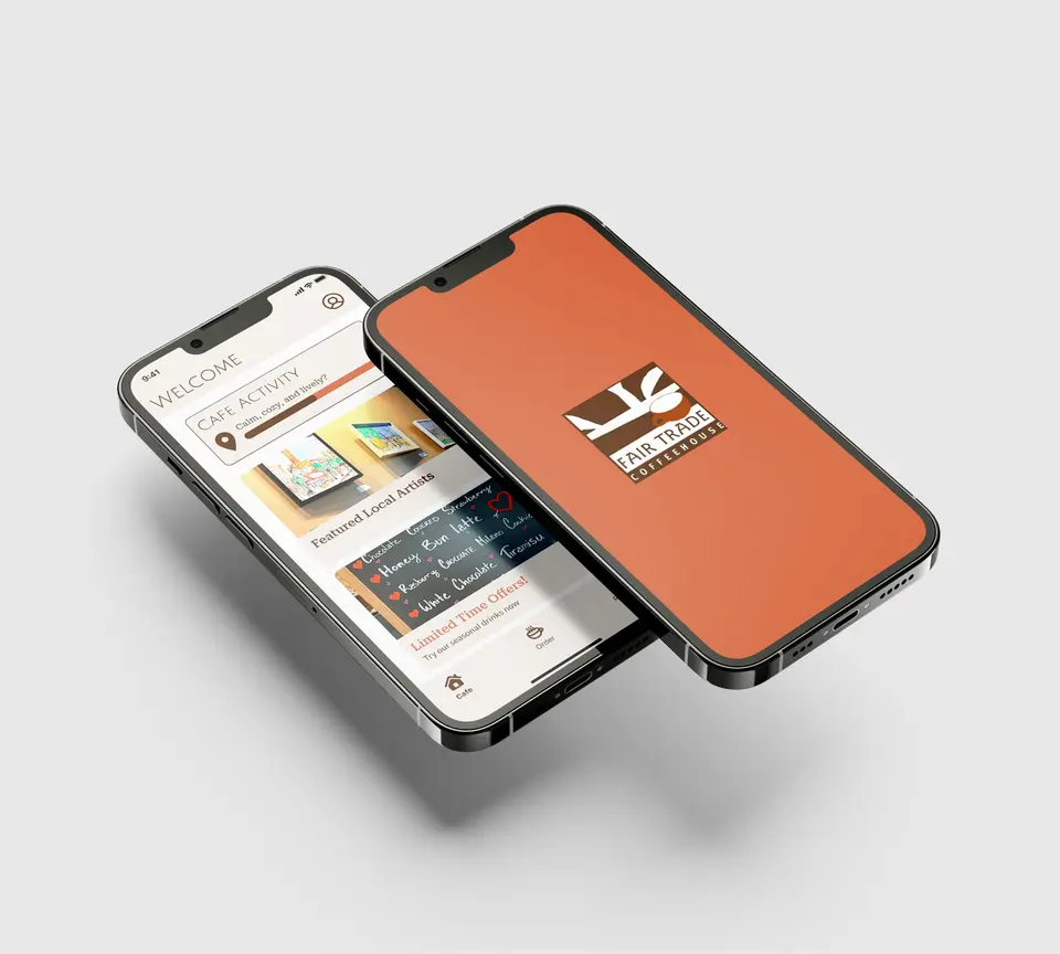 Mobile app for Fair Trade Coffee House: two phones showing the splash screen and the home screen.