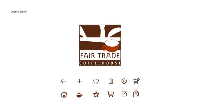 Design system for Fair Trade Coffee House: the café logo and the app’s line icons.