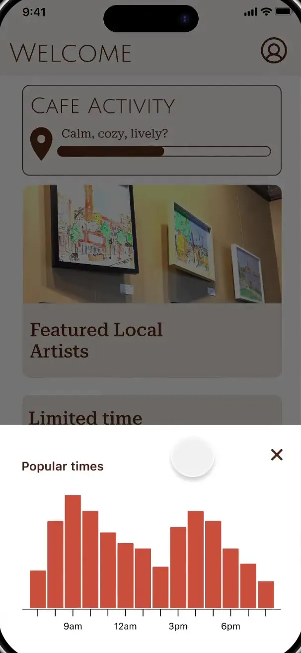 App screen for Fair Trade Coffee House: popular times at the café as a bar chart over the home screen.