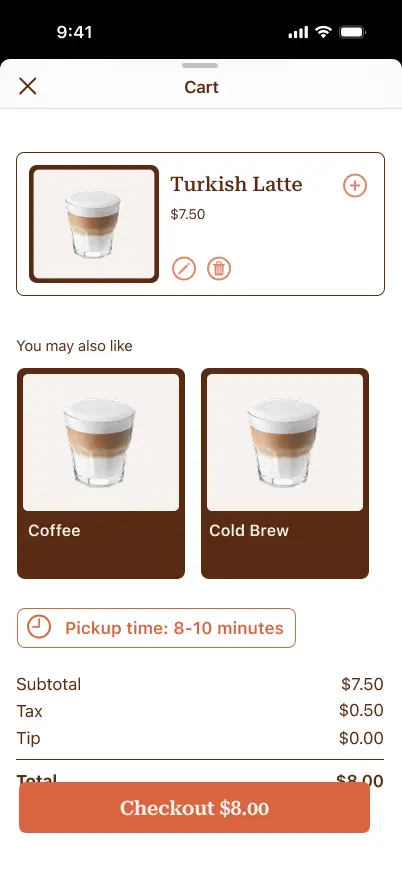 App screen for Fair Trade Coffee House: the cart with pickup time and checkout.