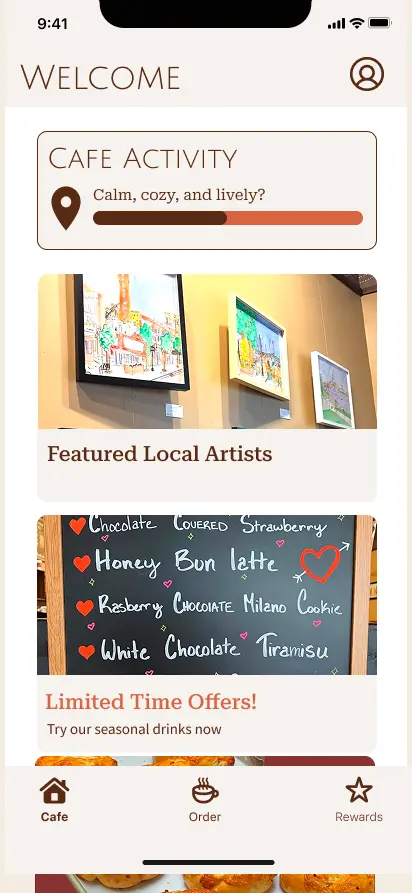 App screen for Fair Trade Coffee House: the home screen with café activity, local artists and limited-time offers.