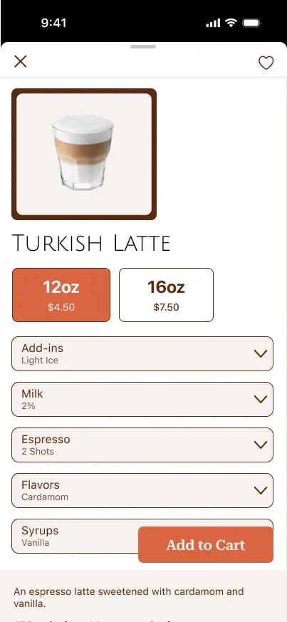 App screen for Fair Trade Coffee House: a Turkish latte with size, milk, espresso and syrup options.