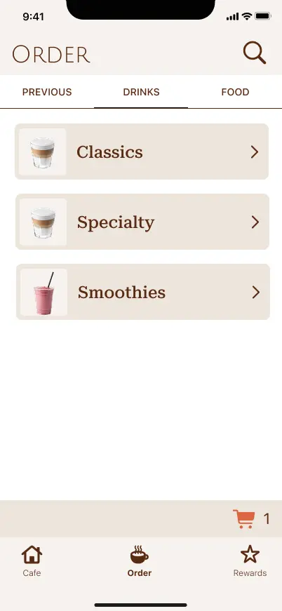 App screen for Fair Trade Coffee House: the order menu with drink categories.