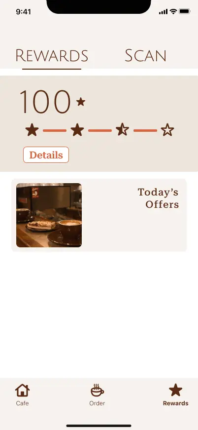 App screen for Fair Trade Coffee House: rewards points and today’s offers.