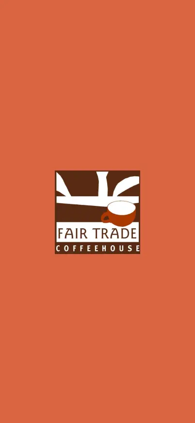 App screen for Fair Trade Coffee House: the splash screen with the logo on terracotta.