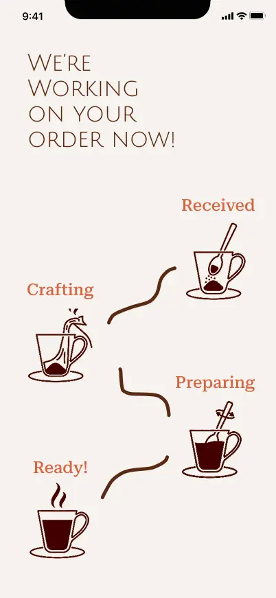 App screen for Fair Trade Coffee House: order status moving from received to ready.
