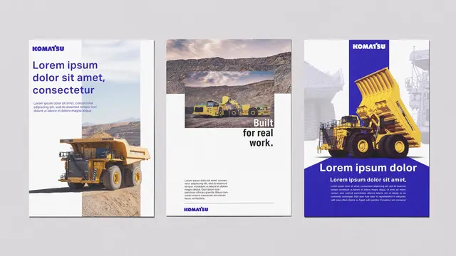 Advertising concepts for Komatsu: three posters side by side, each with a haul truck or loader on white and blue.