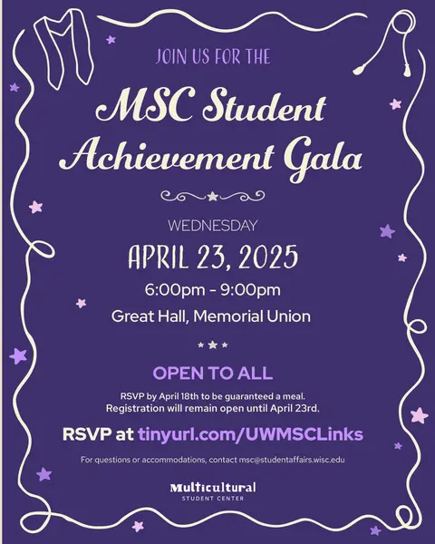 Event graphic for the Multicultural Student Center: the Student Achievement Gala invitation in white on purple.
