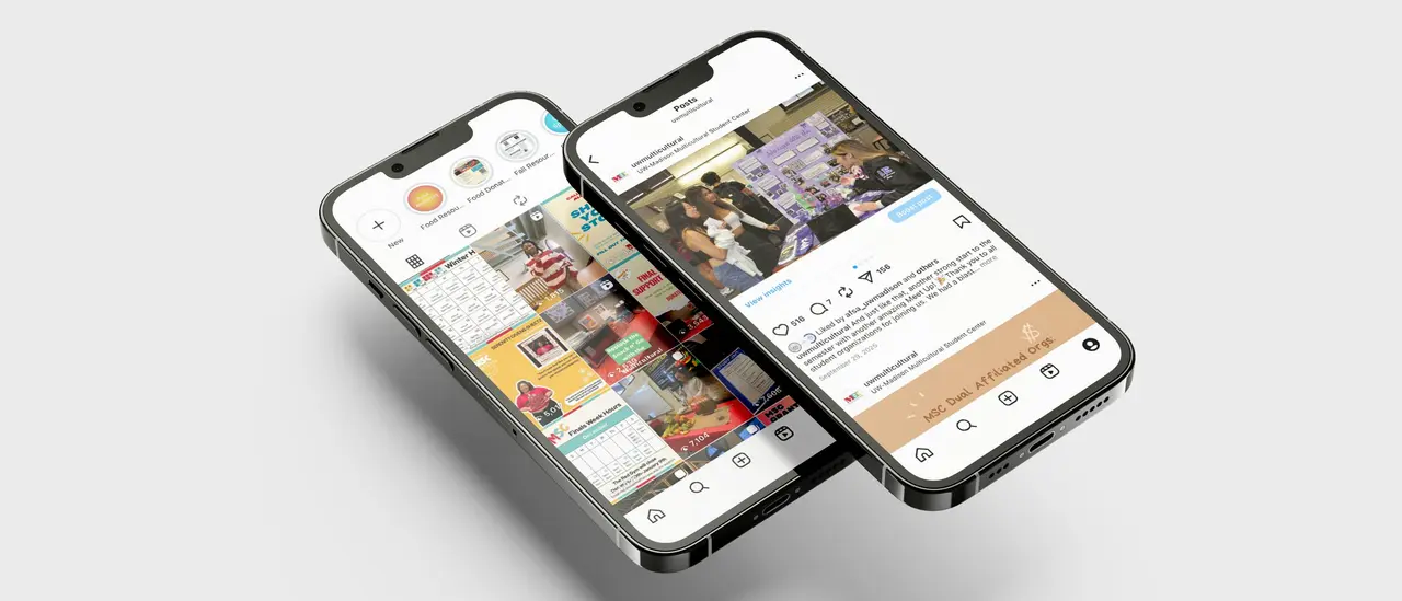 Social media for the Multicultural Student Center: two phones showing MSC posts on a light grey ground.