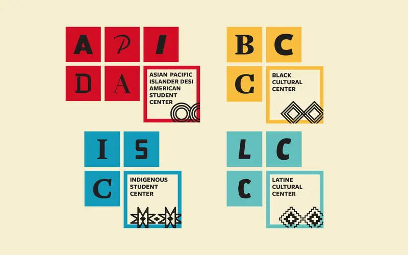 Identity-center logos for the Multicultural Student Center: APIDA, BCC, ISC and LCC in red, yellow, blue and teal.