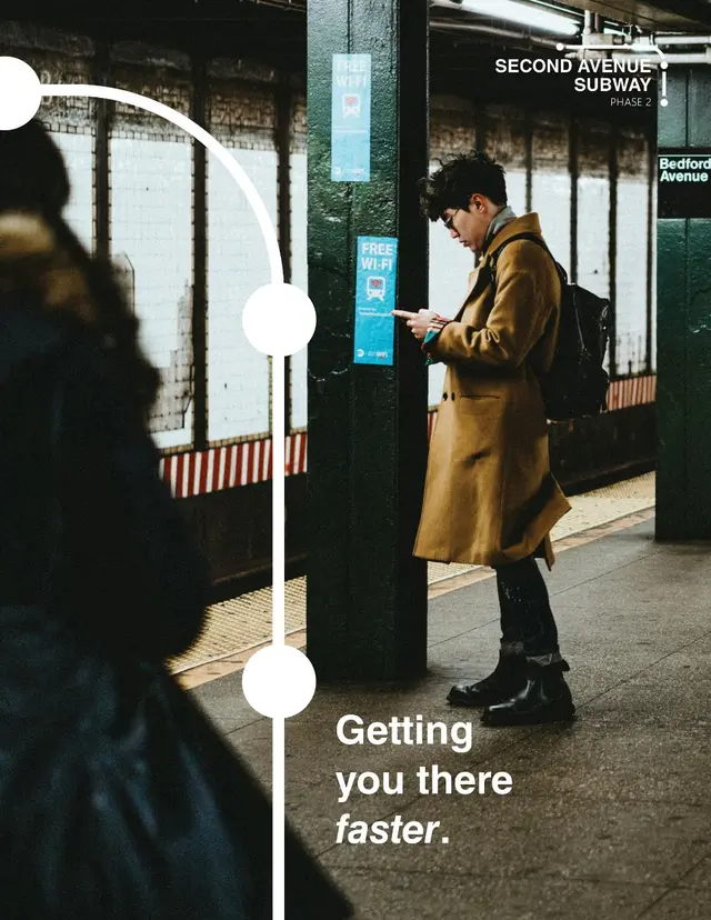 Outreach poster for the Second Avenue Subway: a rider on a platform, crossed by the route line and station points.