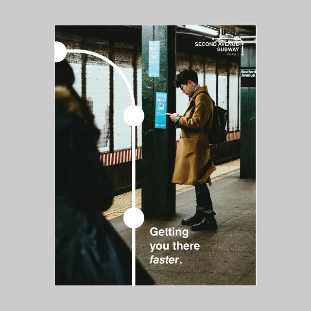 Outreach poster for the Second Avenue Subway: the route line and station points over a full-bleed platform photo.