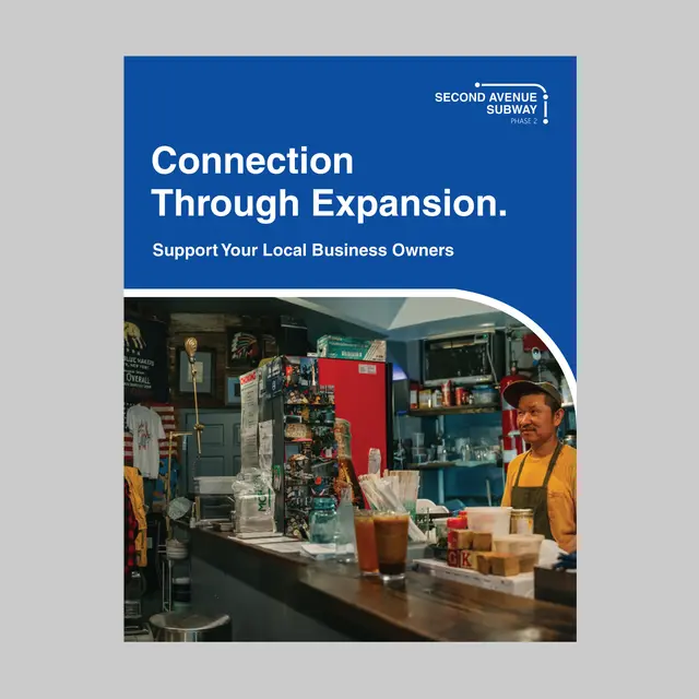 Campaign poster for the Second Avenue Subway: “Connection Through Expansion” above a café counter.