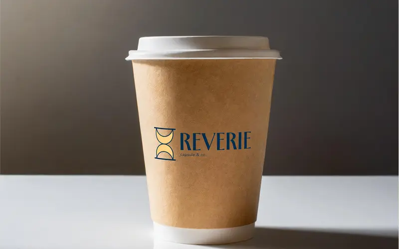Packaging for Reverie Capsule & Co.: the logo on a kraft paper coffee cup.