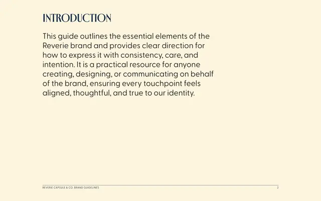 Brand guidelines for Reverie Capsule & Co., page 2 of 18: the introduction.