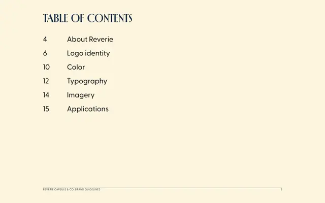 Brand guidelines for Reverie Capsule & Co., page 3 of 18: the table of contents.