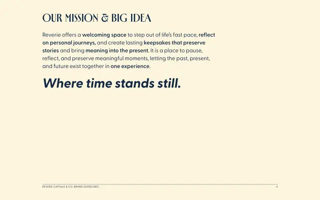 Brand guidelines for Reverie Capsule & Co., page 4 of 18: our mission and big idea.