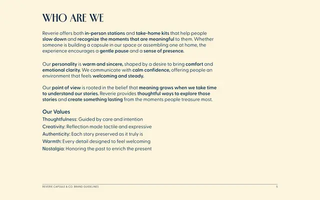 Brand guidelines for Reverie Capsule & Co., page 5 of 18: who we are.
