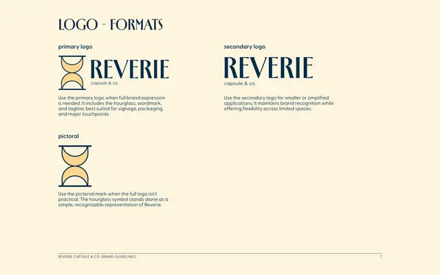 Brand guidelines for Reverie Capsule & Co., page 7 of 18: logo formats.