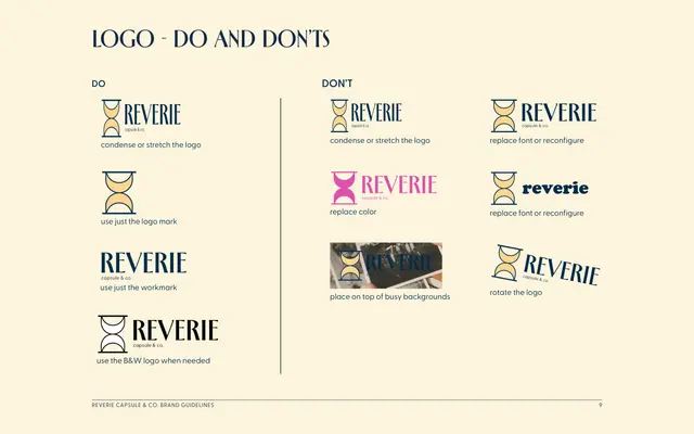 Brand guidelines for Reverie Capsule & Co., page 9 of 18: logo dos and don’ts.