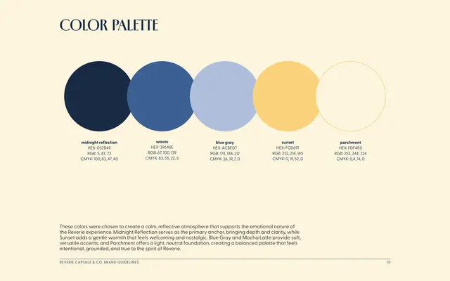 Brand guidelines for Reverie Capsule & Co., page 10 of 18: the color palette.