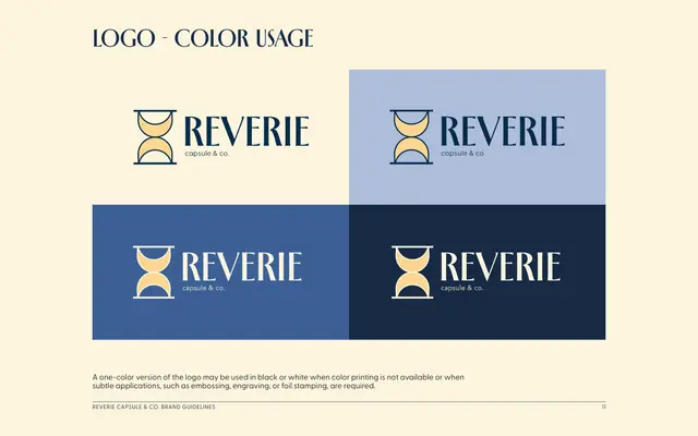 Brand guidelines for Reverie Capsule & Co., page 11 of 18: logo color usage.