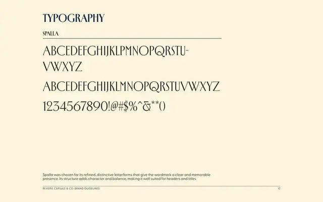 Brand guidelines for Reverie Capsule & Co., page 12 of 18: Spalla, the display typeface.