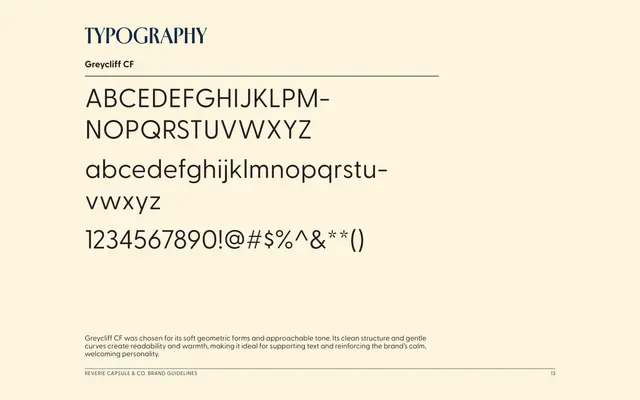 Brand guidelines for Reverie Capsule & Co., page 13 of 18: Greycliff CF, the primary typeface.