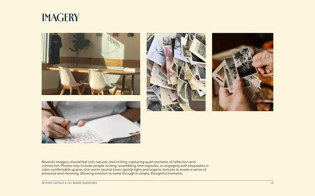 Brand guidelines for Reverie Capsule & Co., page 14 of 18: imagery.