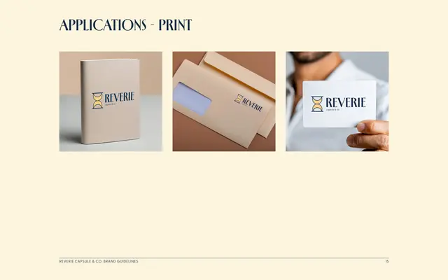 Brand guidelines for Reverie Capsule & Co., page 15 of 18: print applications.