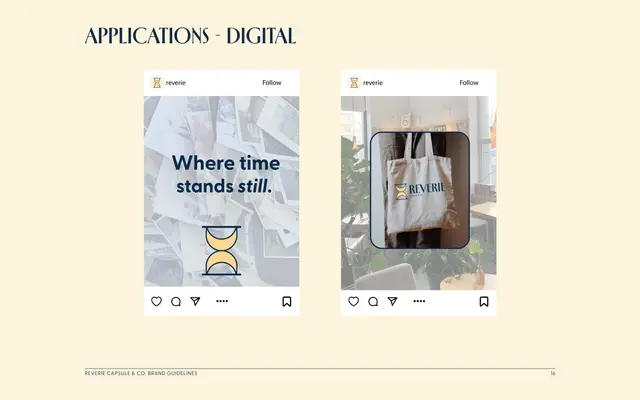 Brand guidelines for Reverie Capsule & Co., page 16 of 18: digital applications.