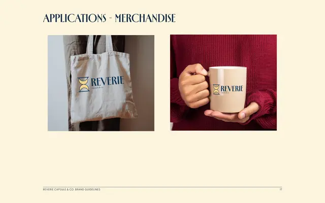 Brand guidelines for Reverie Capsule & Co., page 17 of 18: merchandise applications.