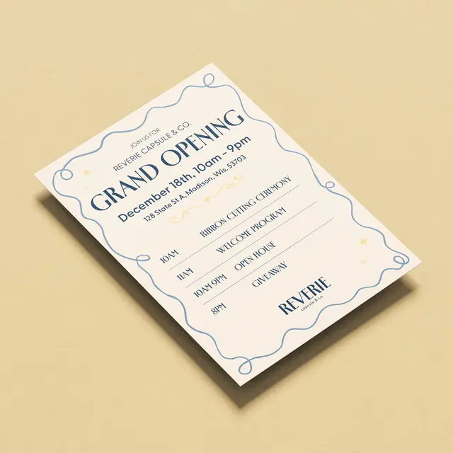 Invitation for Reverie Capsule & Co.: the grand opening program on a card with a wavy border.