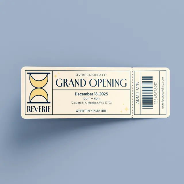 Event ticket for Reverie Capsule & Co.: a grand opening admission ticket on a blue ground.