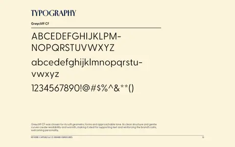 Typography page for Reverie Capsule & Co.: the Greycliff CF alphabet and numerals in midnight on parchment.