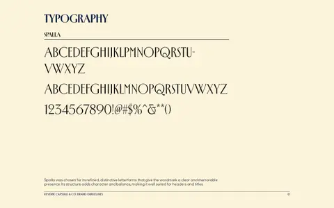 Typography page for Reverie Capsule & Co.: the Spalla alphabet and numerals in midnight on parchment.
