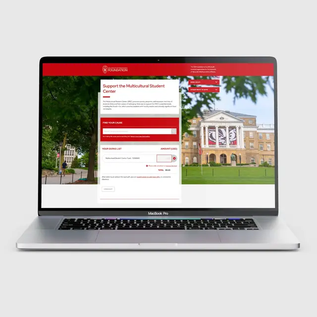 Donation page for Snack n’ Go: the Multicultural Student Center giving page open on a laptop.