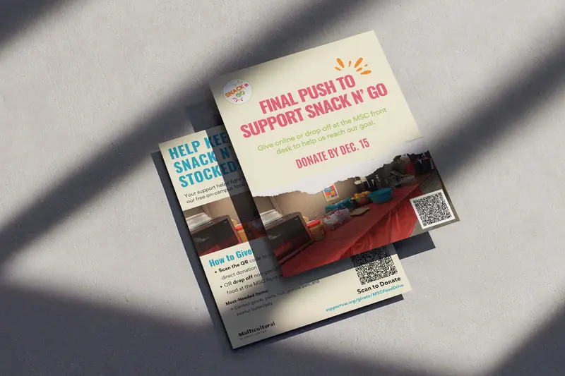 Campaign flyers for Snack n’ Go: “Final push to support Snack n’ Go” over a second flyer, in raking light.