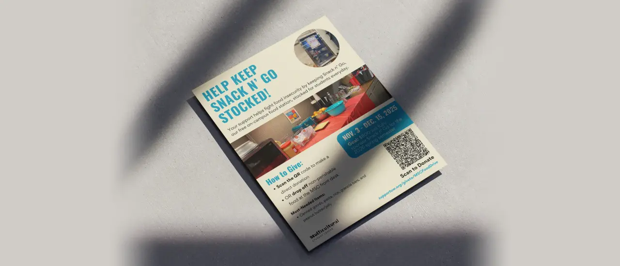 Campaign flyer for Snack n’ Go: “Help keep Snack n’ Go stocked!” with the giving goal, a QR code and drop-off details, in raking light.